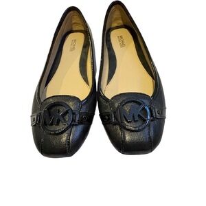 Michael Kors Fulton Moc Black Pebbled Leather Ballet Flats MK Logo Round Toe